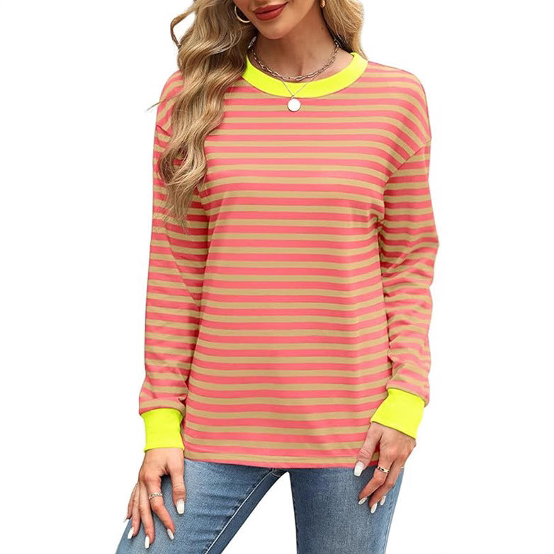 Fashion Color Contrast Loose Round Neck Striped Long Sleeve