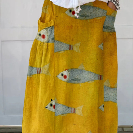 Women's Loose Versatile Pocket 3D Printed Midi Skirt