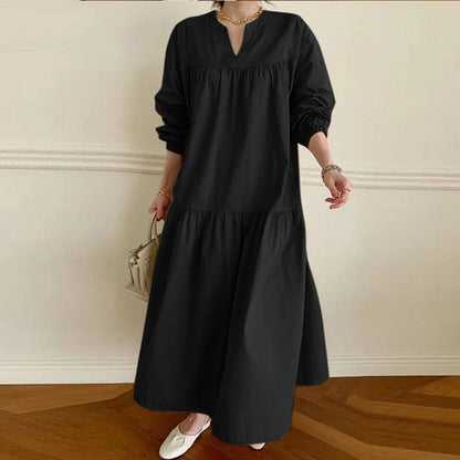 National Style Retro Cotton And Linen V-neck Shirt Sleeve Length Large Swing Dress