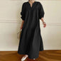National Style Retro Cotton And Linen V-neck Shirt Sleeve Length Large Swing Dress