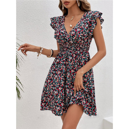 Small Floral Print High Waist Ruffles Dress