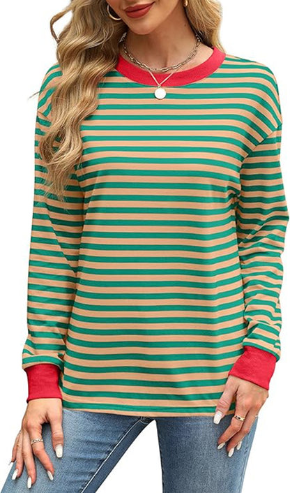 Fashion Color Contrast Loose Round Neck Striped Long Sleeve