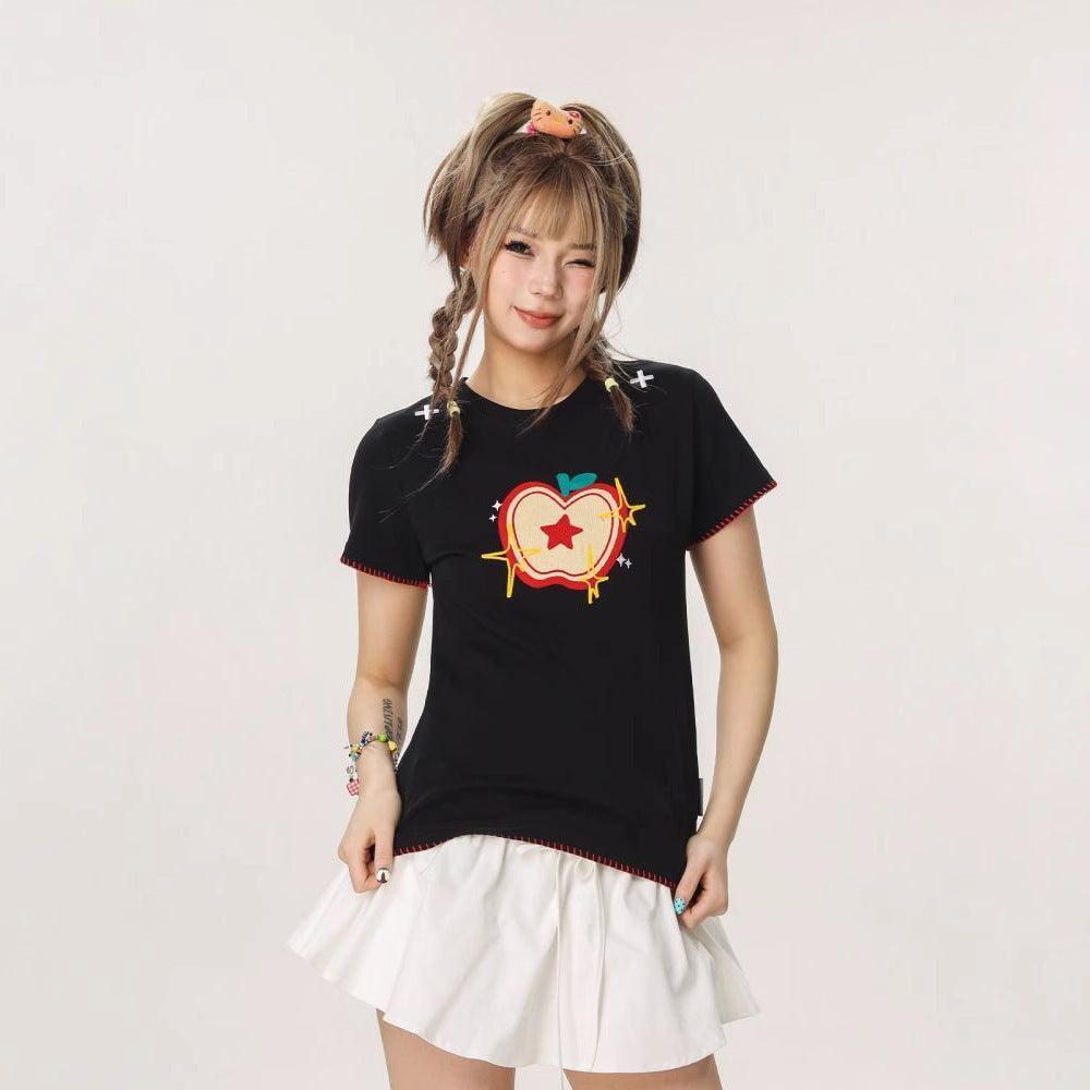 Women's Casual Sweet And Spicy Towel Embroidered Short Sleeve