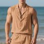 Sleeveless Linen Polo Collar Solid Color Cardigan Beach Shirt Vest