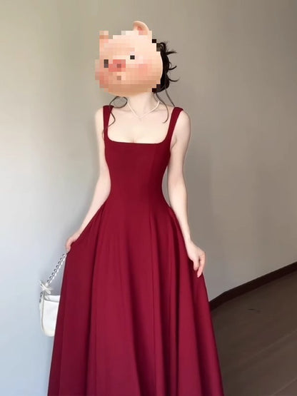 Red Slip Dress Women's Summer French Square Collar Sleeveless Collection