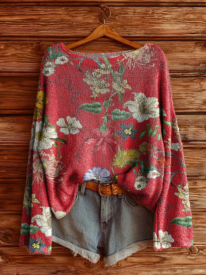 Women's Printed Loose Retro Long-sleeved Brushed Top