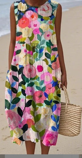 Sleeveless Casual Printed Dress Slim Fit