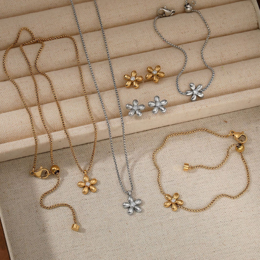 New Stainless Steel Flower Bracelet Necklace And Earring Suit Simple Fashion