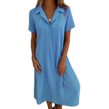 Loose Short Sleeves V-neck Solid Color Cotton And Linen Shirt Dress