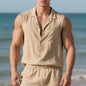 Sleeveless Linen Polo Collar Solid Color Cardigan Beach Shirt Vest