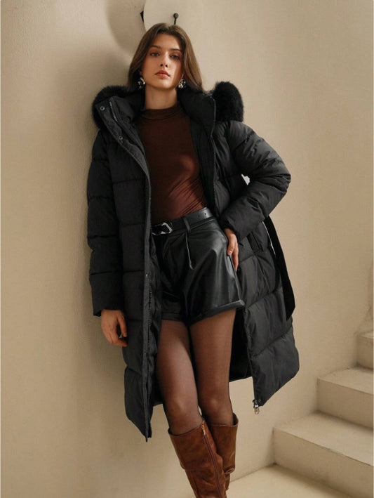 Anewsta Women's Solid Color Long Sleeve Zip Up Hooded Padded Coat With Faux Fur Trim
