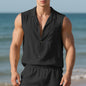 Sleeveless Linen Polo Collar Solid Color Cardigan Beach Shirt Vest