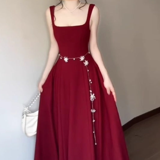 Red Slip Dress Women's Summer French Square Collar Sleeveless Collection