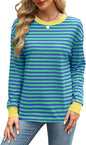 Fashion Color Contrast Loose Round Neck Striped Long Sleeve