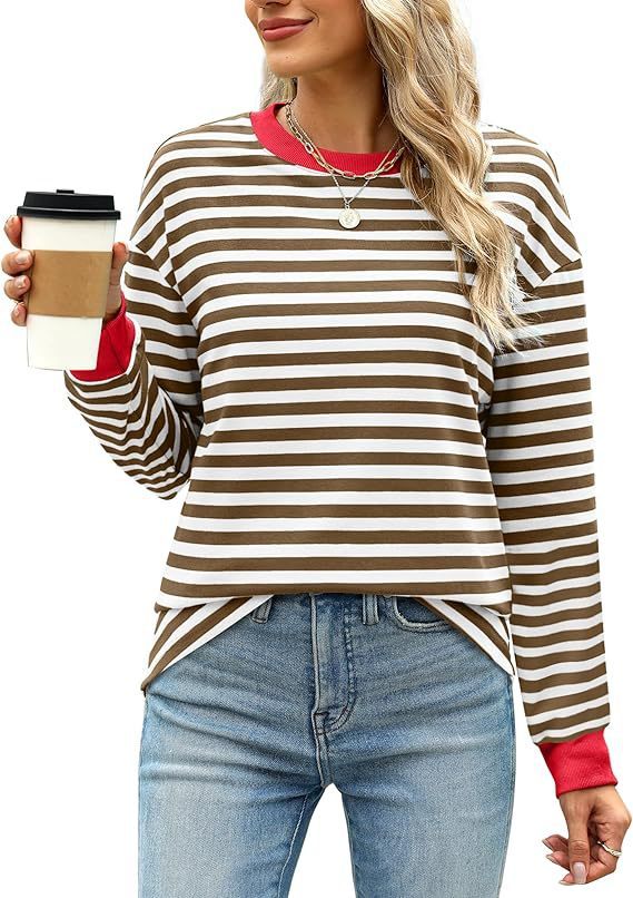 Fashion Color Contrast Loose Round Neck Striped Long Sleeve