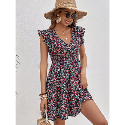 Small Floral Print High Waist Ruffles Dress