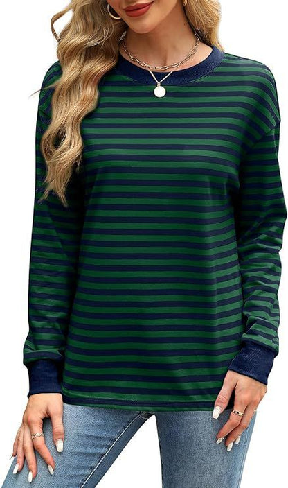 Fashion Color Contrast Loose Round Neck Striped Long Sleeve