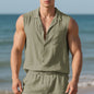 Sleeveless Linen Polo Collar Solid Color Cardigan Beach Shirt Vest