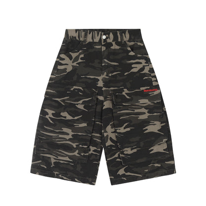 Retro Camouflage Multi-pocket Workwear Cropped Jeans Men And Women Wide