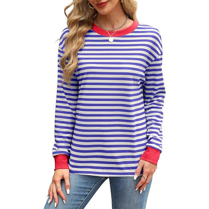 Fashion Color Contrast Loose Round Neck Striped Long Sleeve