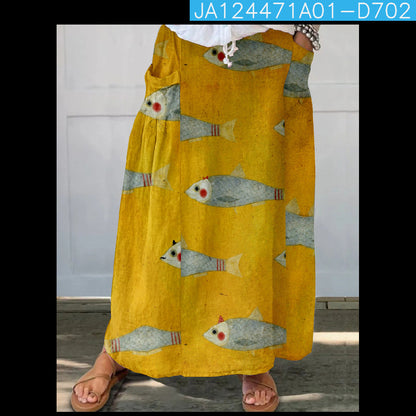 Women's Loose Versatile Pocket 3D Printed Midi Skirt