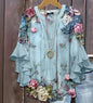 Women's Creative Printing Casual V-neck Lotus Sleeve T-shirt