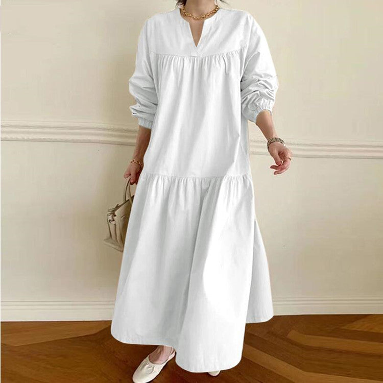 National Style Retro Cotton And Linen V-neck Shirt Sleeve Length Large Swing Dress