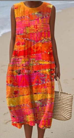 Sleeveless Casual Printed Dress Slim Fit