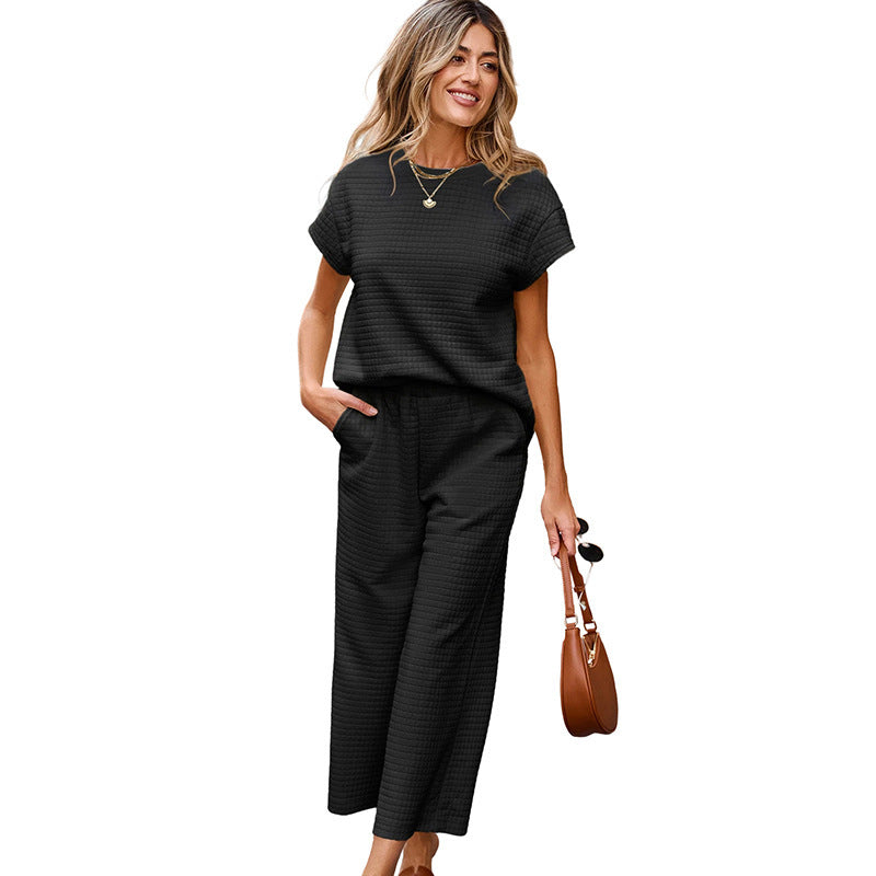 Solid Color Texture Fashion Women's European And American Leisure Two-piece Set