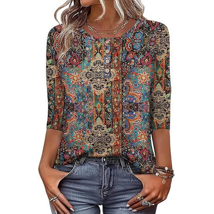 Printed 34 Sleeves Button Women's T-shirt