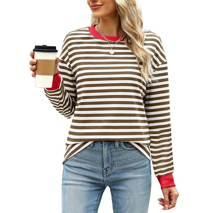 Fashion Color Contrast Loose Round Neck Striped Long Sleeve