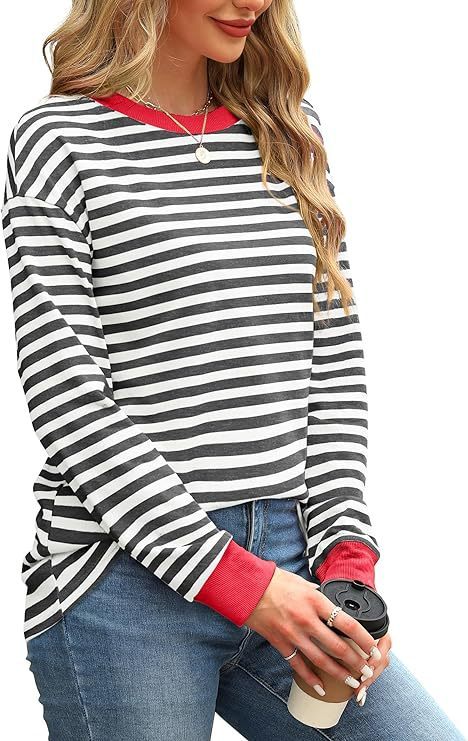 Fashion Color Contrast Loose Round Neck Striped Long Sleeve