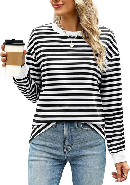 Fashion Color Contrast Loose Round Neck Striped Long Sleeve