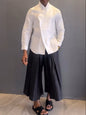 White Asymmetric - Front Long - Sleeve Shirt And Black Pleated Pants Set