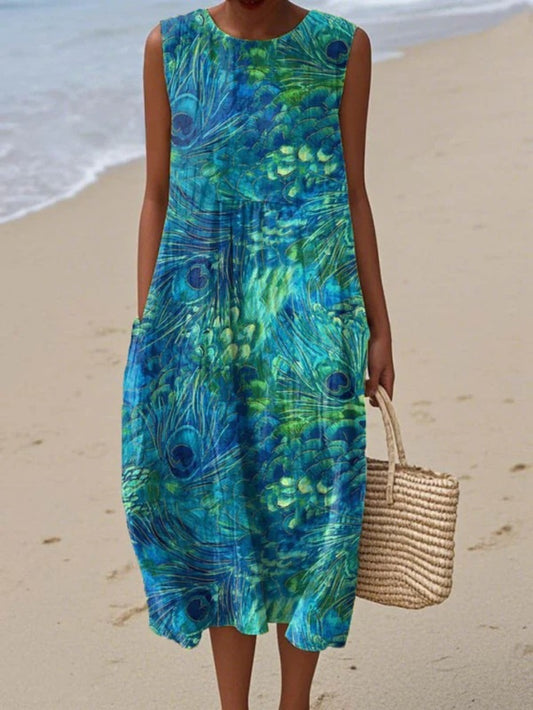 Women's Casual Printed Pocket Round Neck Dress