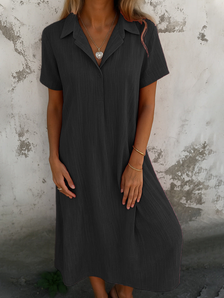 Loose Short Sleeves V-neck Solid Color Cotton And Linen Shirt Dress
