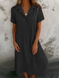 Loose Short Sleeves V-neck Solid Color Cotton And Linen Shirt Dress