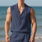 Sleeveless Linen Polo Collar Solid Color Cardigan Beach Shirt Vest