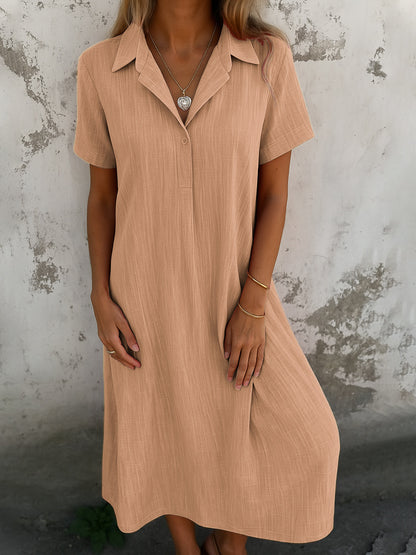 Loose Short Sleeves V-neck Solid Color Cotton And Linen Shirt Dress