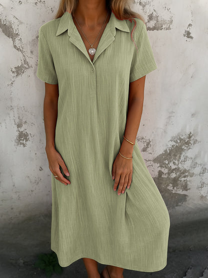 Loose Short Sleeves V-neck Solid Color Cotton And Linen Shirt Dress