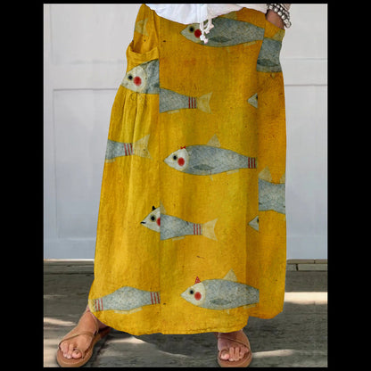 Women's Loose Versatile Pocket 3D Printed Midi Skirt