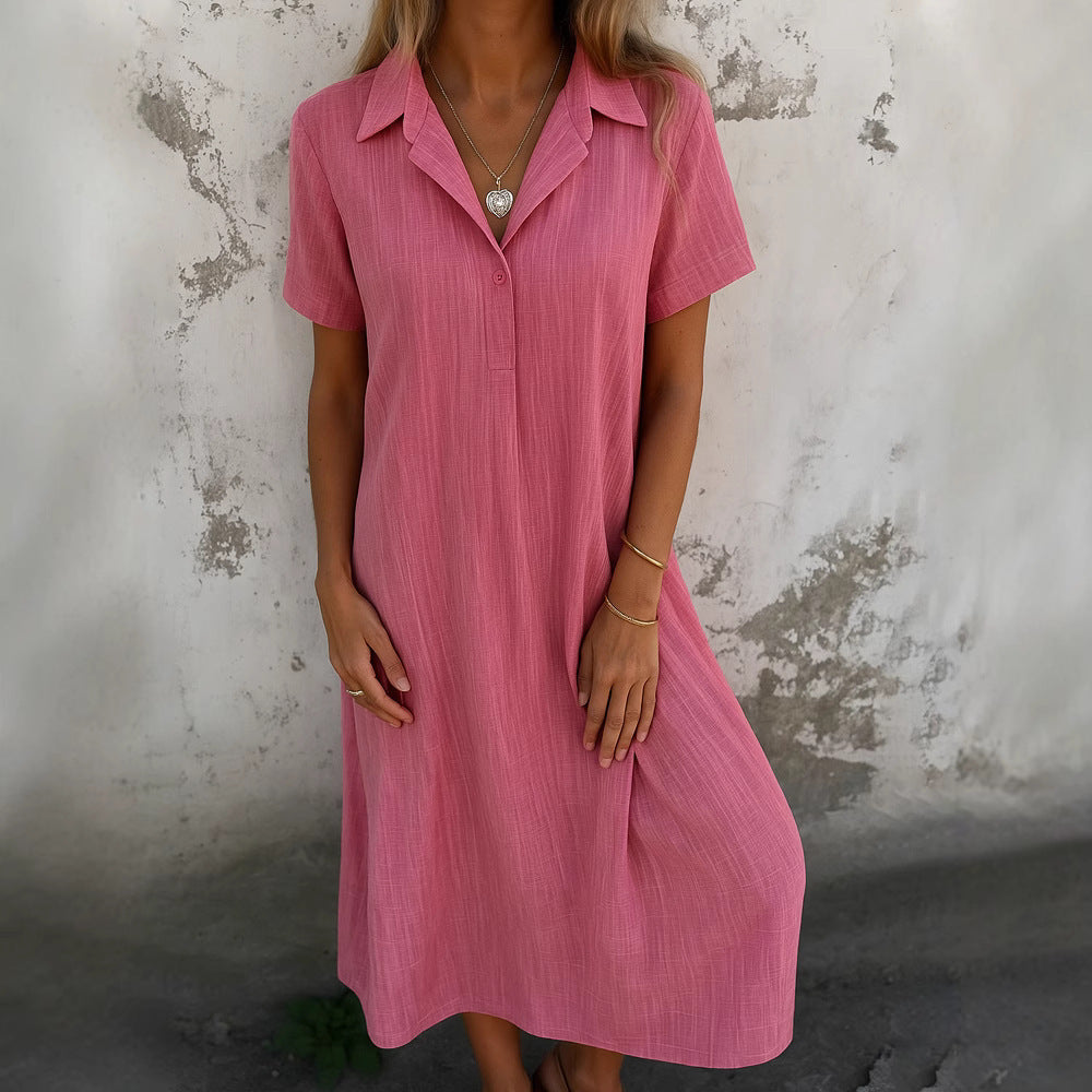 Loose Short Sleeves V-neck Solid Color Cotton And Linen Shirt Dress