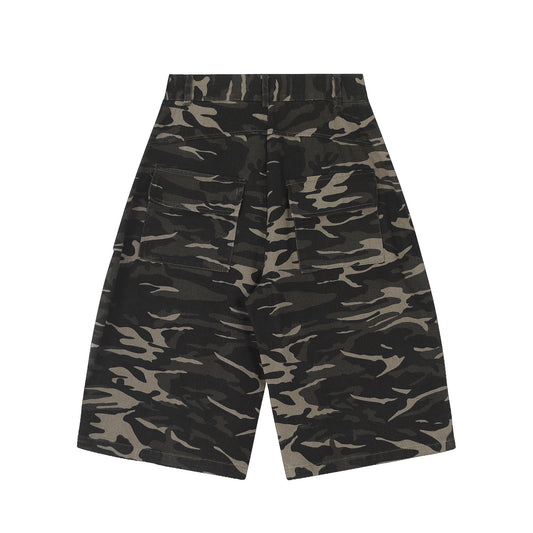 Retro Camouflage Multi-pocket Workwear Cropped Jeans Men And Women Wide