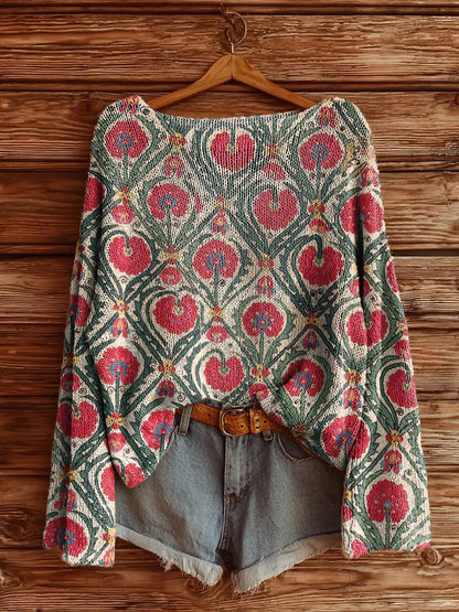 Women's Printed Loose Retro Long-sleeved Brushed Top