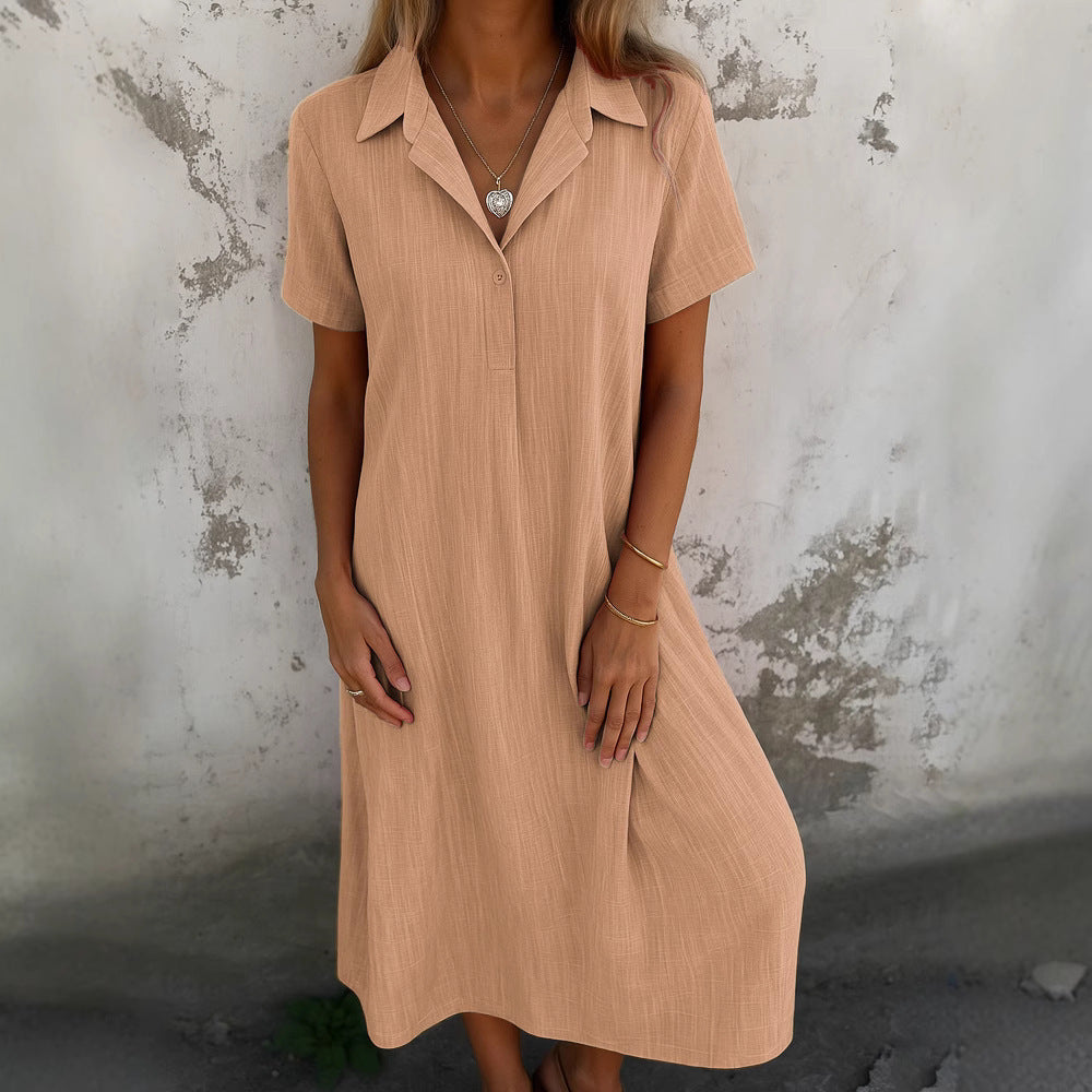 Loose Short Sleeves V-neck Solid Color Cotton And Linen Shirt Dress