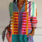 Striped Long-sleeved Shirt Women's Rainbow Cardigan Contrast Color Coat Lapel