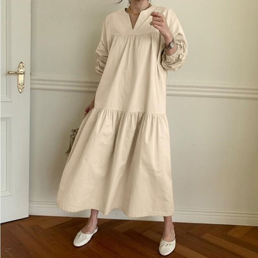 National Style Retro Cotton And Linen V-neck Shirt Sleeve Length Large Swing Dress