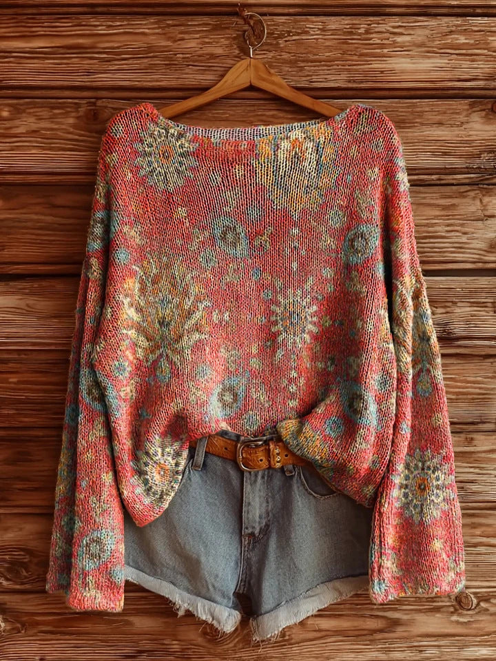 Women's Printed Loose Retro Long-sleeved Brushed Top