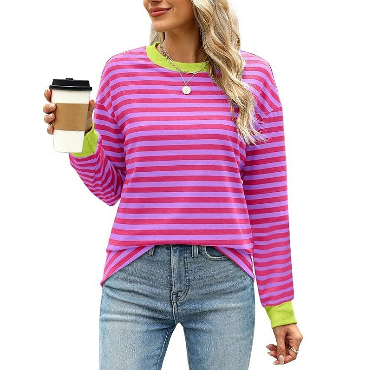 Fashion Color Contrast Loose Round Neck Striped Long Sleeve