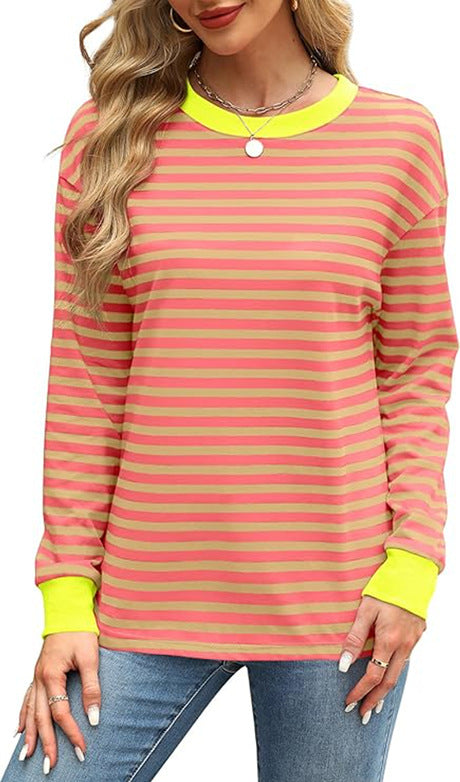 Fashion Color Contrast Loose Round Neck Striped Long Sleeve